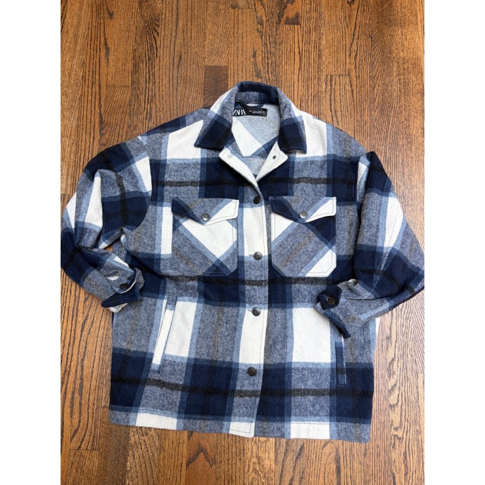 Zara Shacket Women Medium Blue White Plaid Wool Blend Oversized Jacket Cabincore